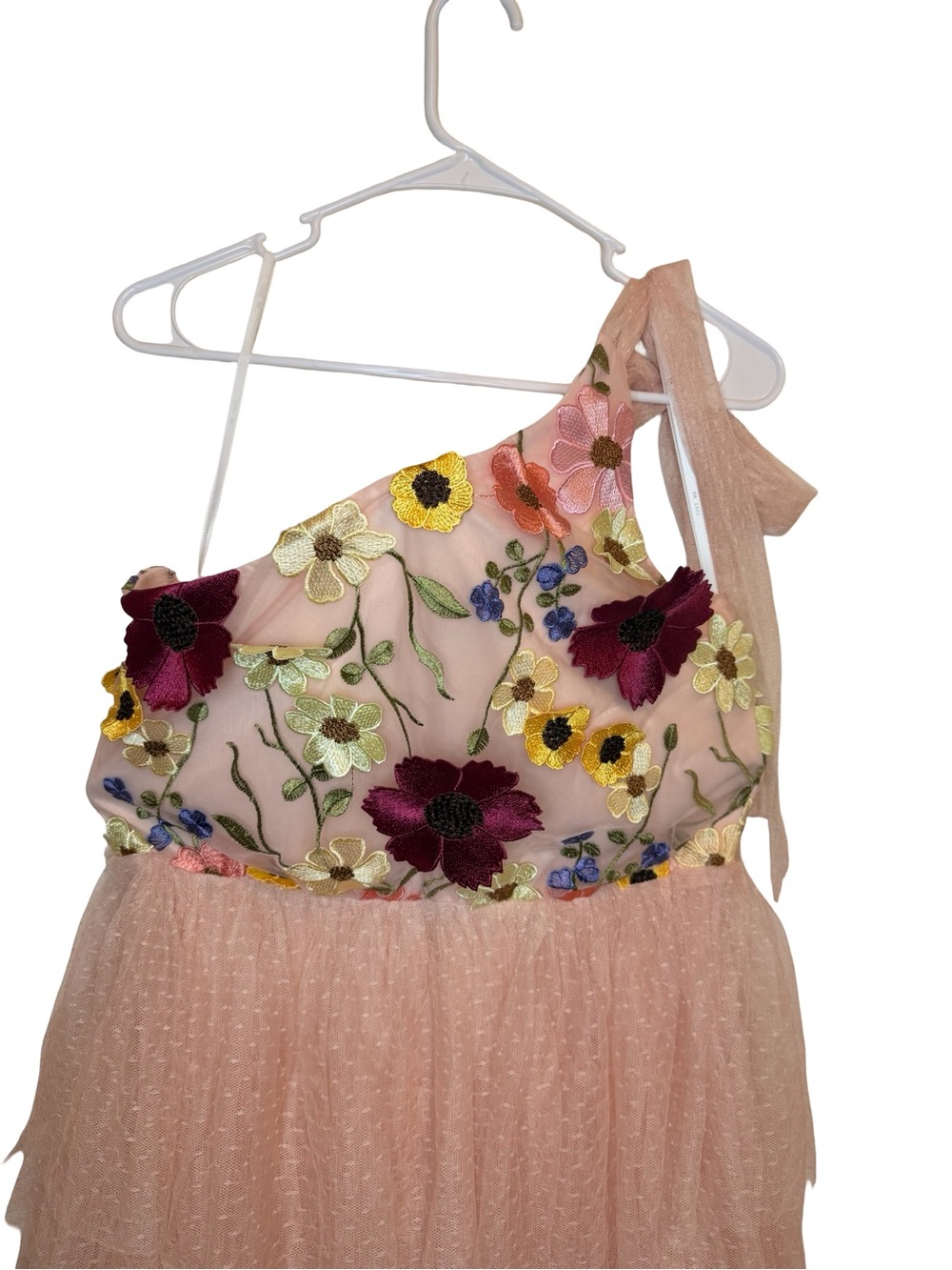 NWT Just Me Floral Embroidered One Shoulder Tiered Tulle Midi Blush Pink Dress M - Picture 4 of 7